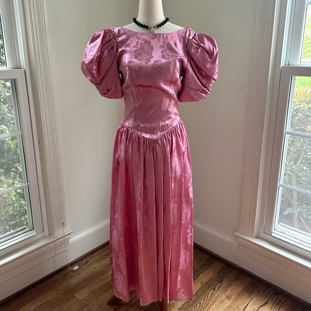 VNTG 80s Prom Dress with Oversized Puff Sleeves and Bow and Rosette Back Detail